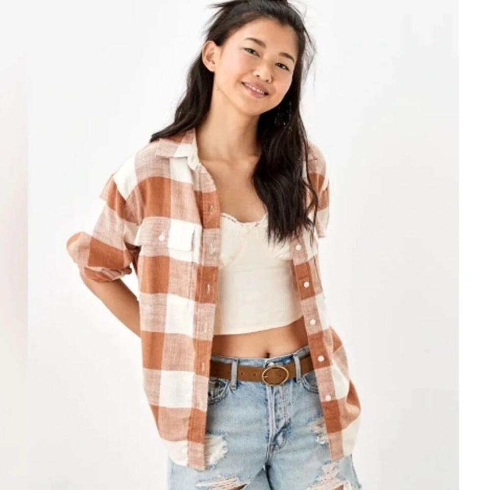 American Eagle NWT Women's Size L Brown White Plaid Oversized Flannel Shirt